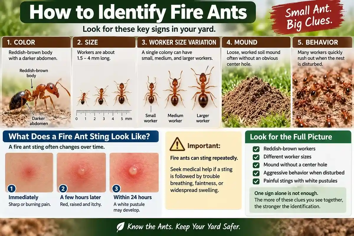 Fire ant identification infographic showing reddish-brown color, worker size differences, mound shape, defensive behavior, and sting signs