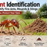 Fire ant identification infographic showing a reddish-brown fire ant, mound, different worker sizes, and a typical sting