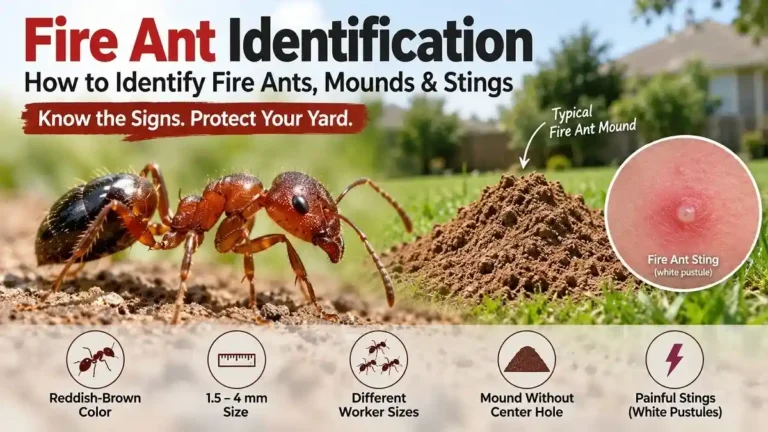 Fire ant identification infographic showing a reddish-brown fire ant, mound, different worker sizes, and a typical sting