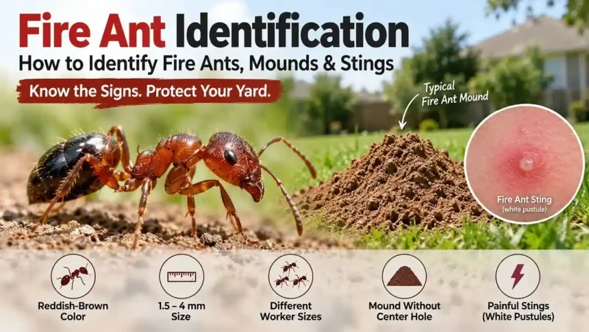 Fire ant identification infographic showing a reddish-brown fire ant, mound, different worker sizes, and a typical sting