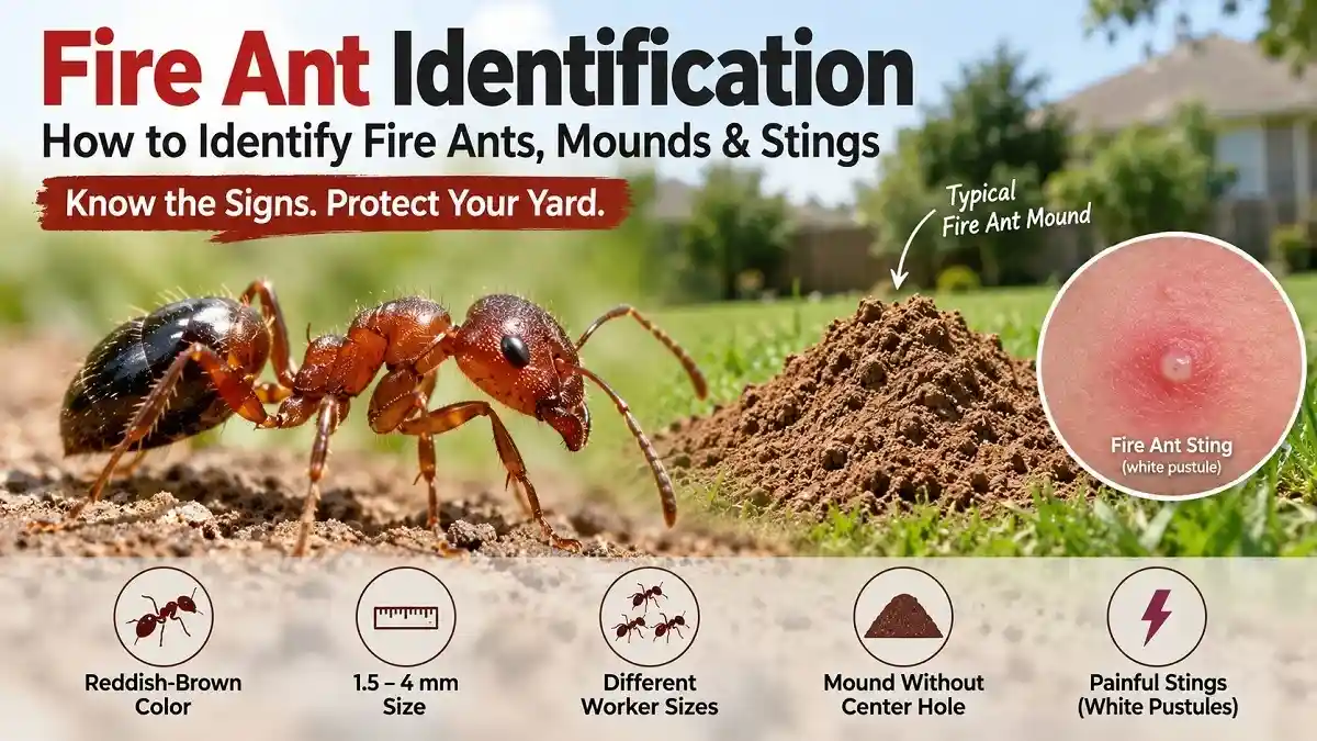 Fire ant identification infographic showing a reddish-brown fire ant, mound, different worker sizes, and a typical sting