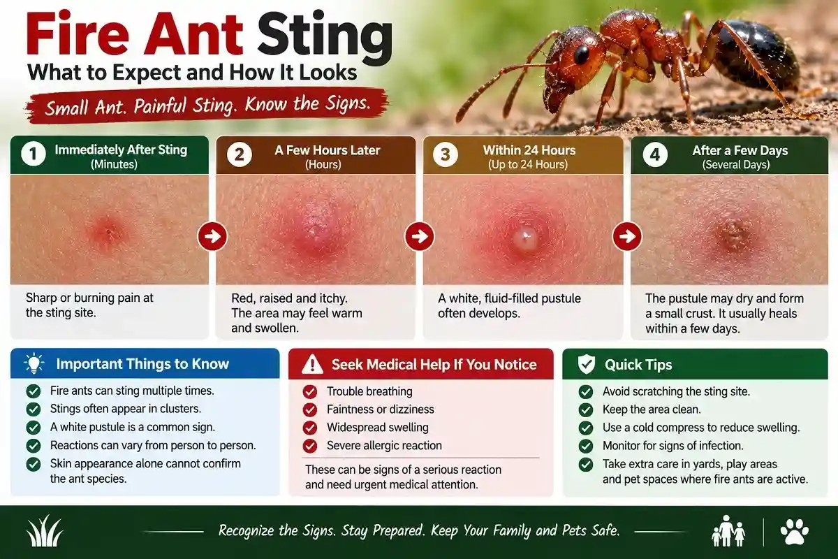 Fire ant sting timeline showing burning pain, red itchy swelling, white pustule formation, and later skin healing