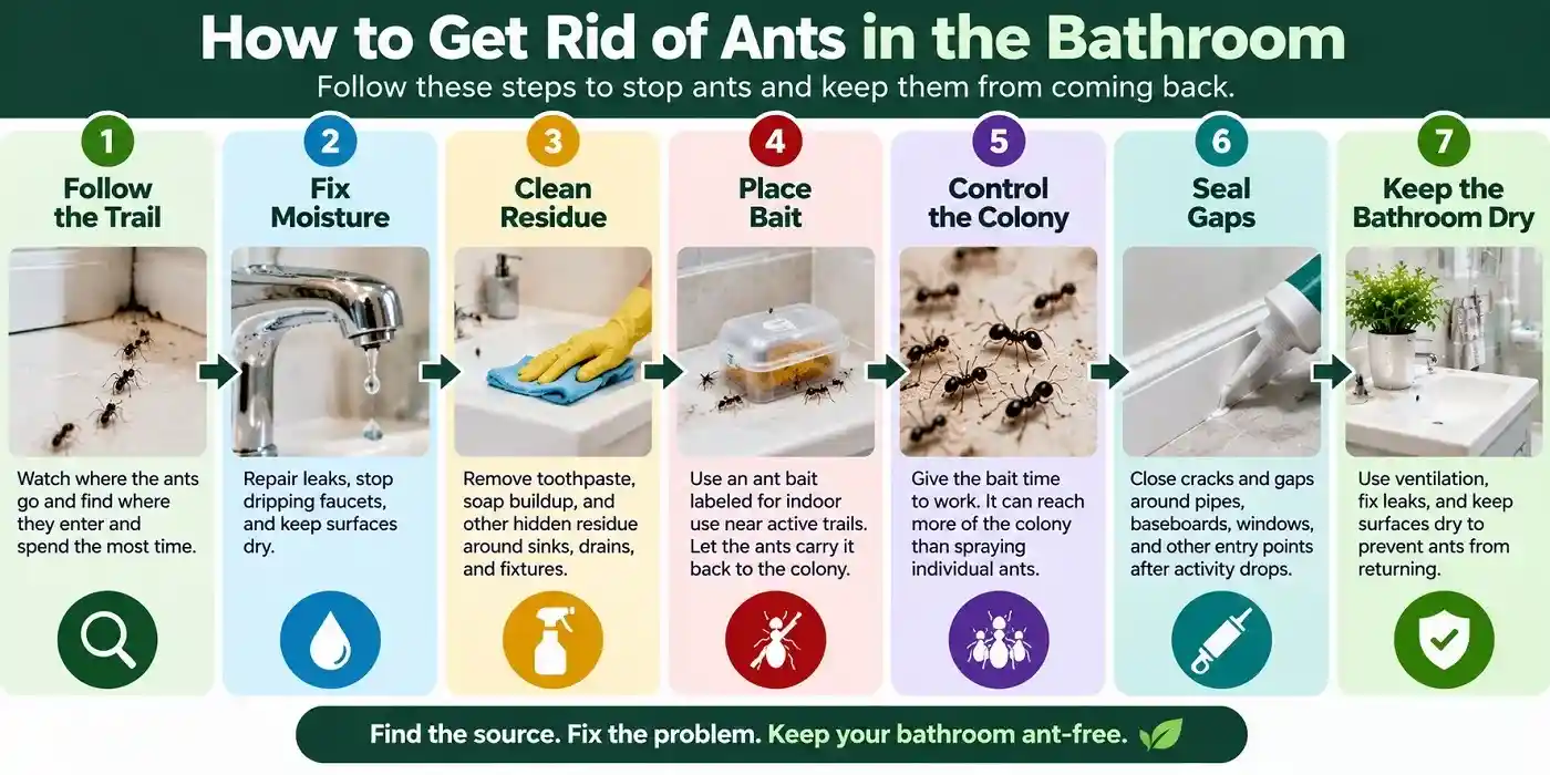 Infographic showing seven steps to get rid of ants in the bathroom, from following the trail to sealing gaps and keeping the area dry