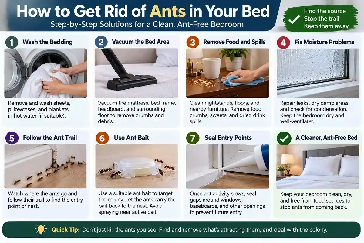 seven steps to get rid of ants in bed, including washing bedding, vacuuming, removing food, fixing moisture, using bait, and sealing entry points
