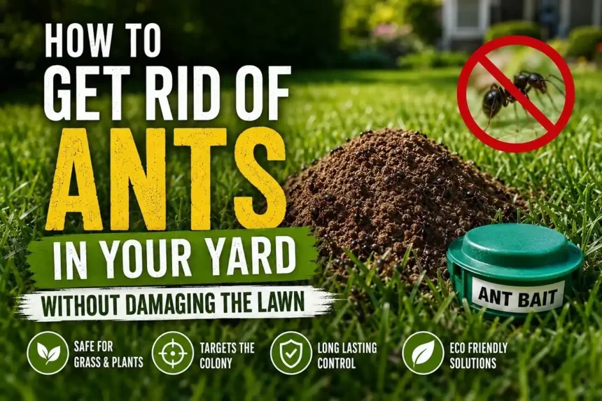 Ant mound and bait station in a green lawn showing lawn-safe yard ant control