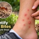 Close-up of red ant bite marks on an ankle near an ant mound