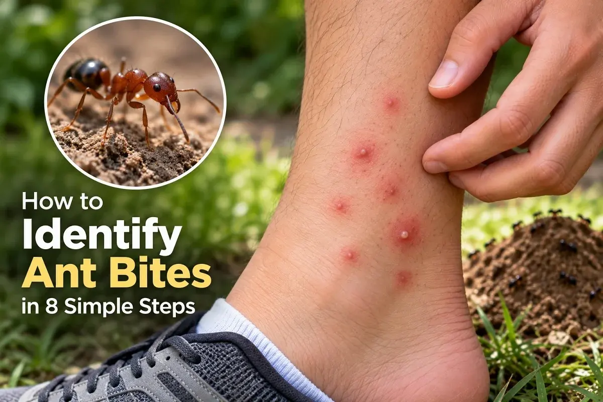 Close-up of red ant bite marks on an ankle near an ant mound
