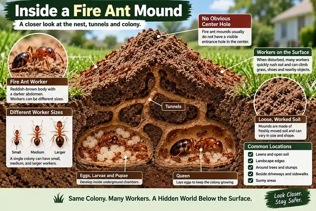 Fire ant mound cutaway showing loose worked soil, underground tunnels, different-sized workers, brood chambers, and queen