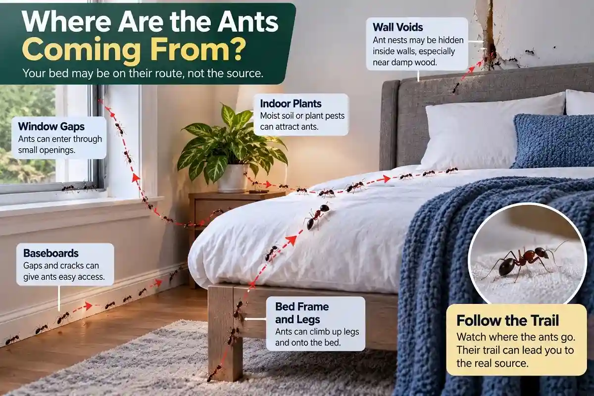 ants reaching a bed through window gaps, baseboards, wall voids, indoor plants, and bed frame legs