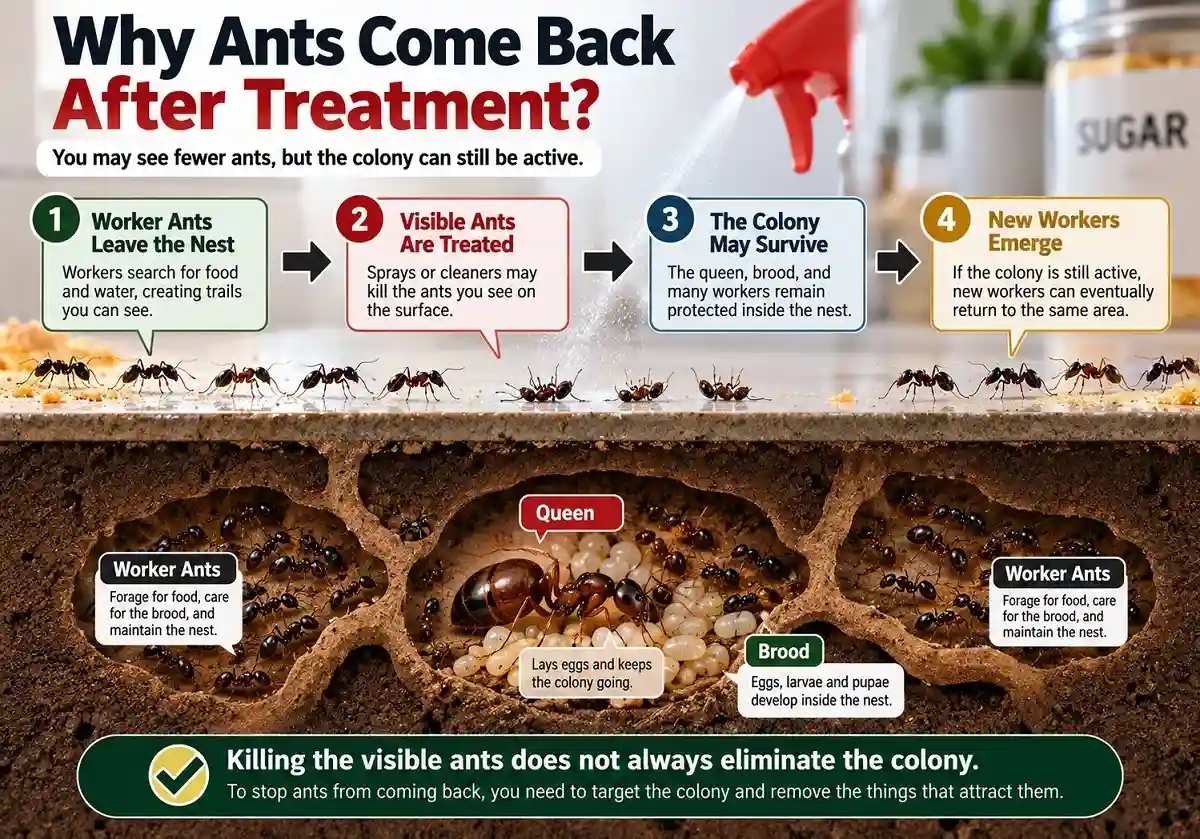 Educational diagram showing how worker ants can return after treatment when the hidden queen, brood, and colony survive.