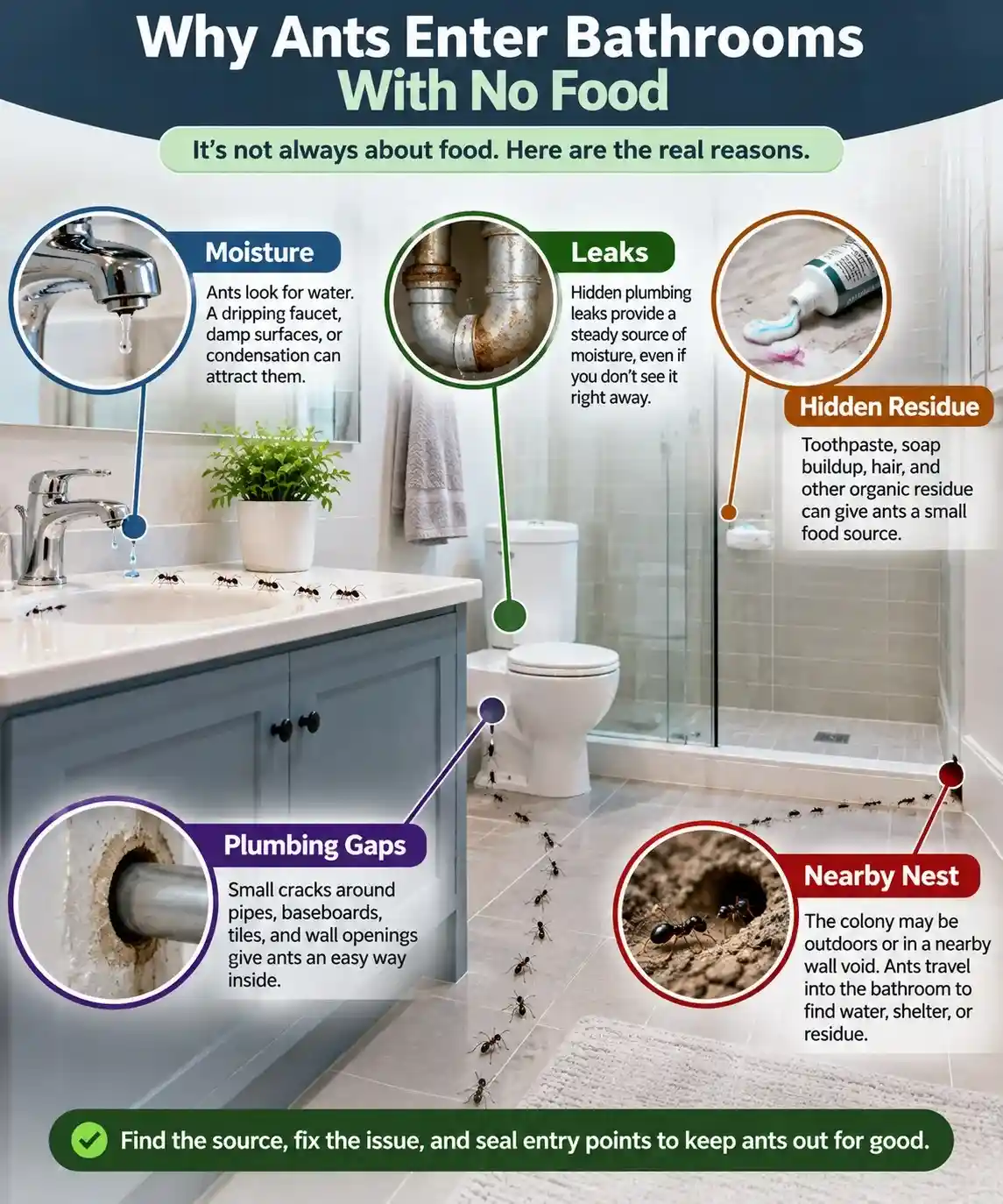Infographic showing moisture, plumbing leaks, hidden residue, pipe gaps, and nearby nests as reasons ants enter bathrooms