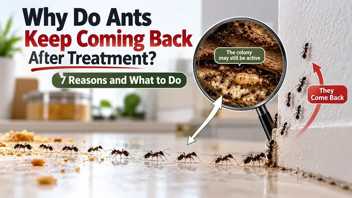 Ants returning after treatment with a hidden colony illustration showing why the infestation may continue.