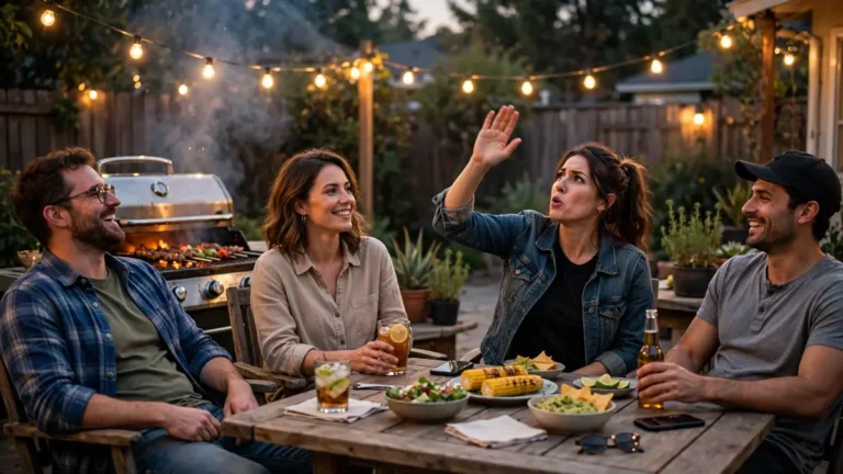 Friends at a backyard barbecue at dusk, one person swatting at mosquitoes while others relax