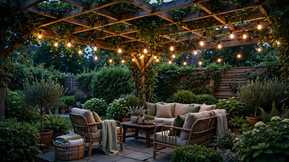 A shaded backyard seating area in the evening, the kind of spot mosquitoes patrol at dusk
