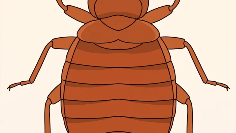 Illustration of an adult bed bug seen from above, reddish-brown oval body with six legs