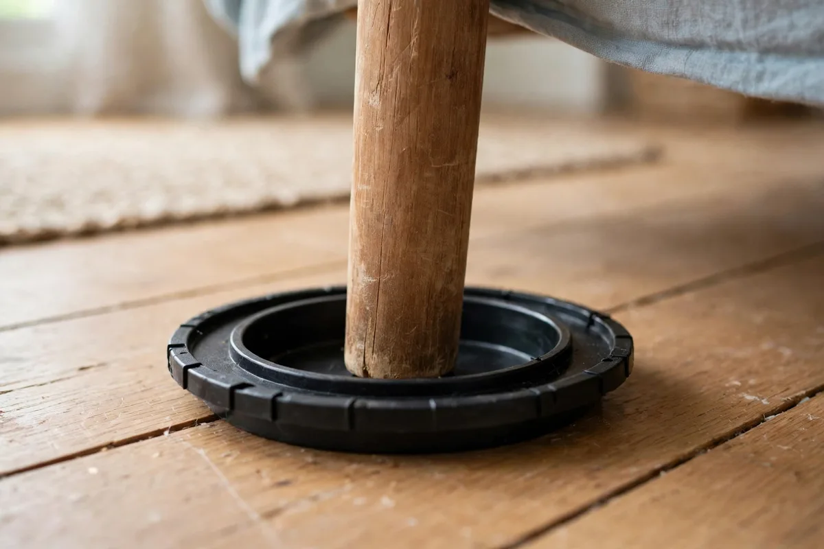 Bed bug interceptor trap installed under the leg of a bed
