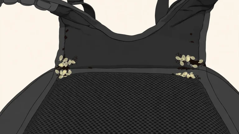 Illustration of pale shed bed bug skins and dark fecal spots clustered along a fabric seam