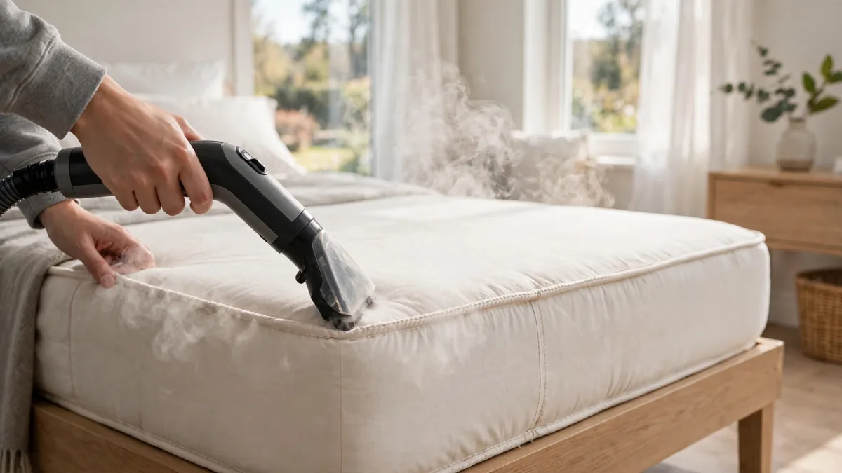 Running a steamer slowly along the seams of a mattress to kill bed bugs with heat