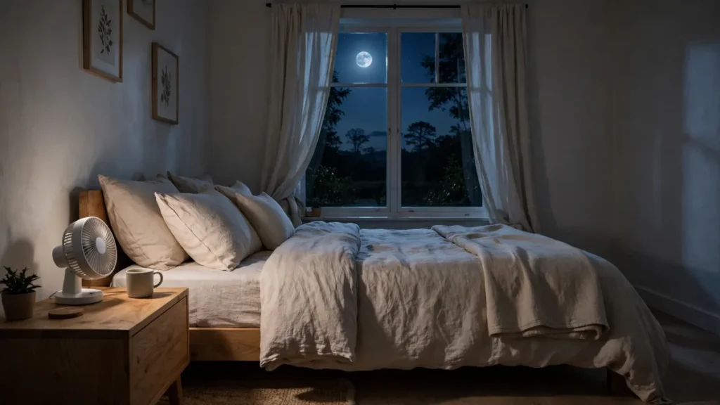 Bedside fan moving air across a bed at night, which breaks up the trail mosquitoes follow