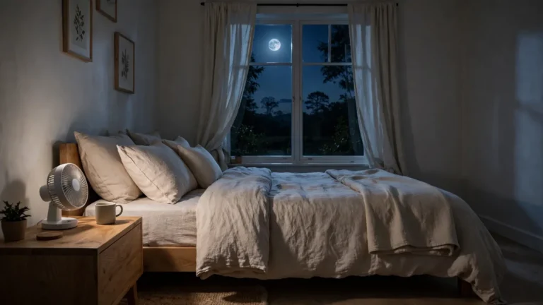 Bedside fan moving air across a bed at night, which breaks up the trail mosquitoes follow
