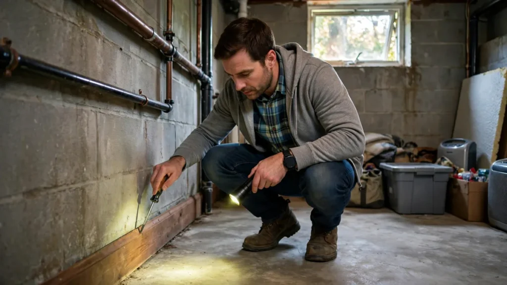 Homeowner tapping a baseboard with a screwdriver handle to check for hollow, termite-damaged wood