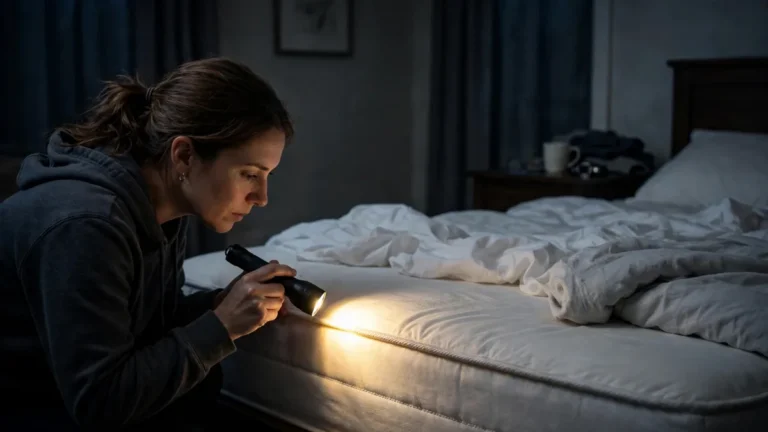 Person inspecting a mattress seam with a flashlight for signs of bed bugs