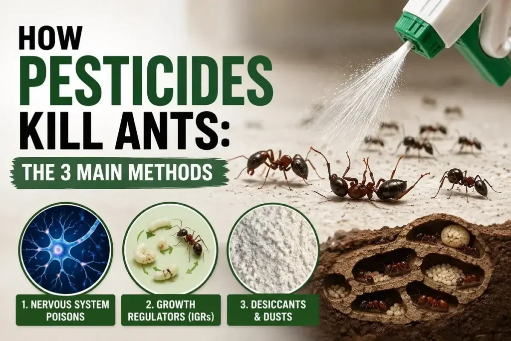 How pesticides kill ants using sprays, bait, and dust to control an ant colony