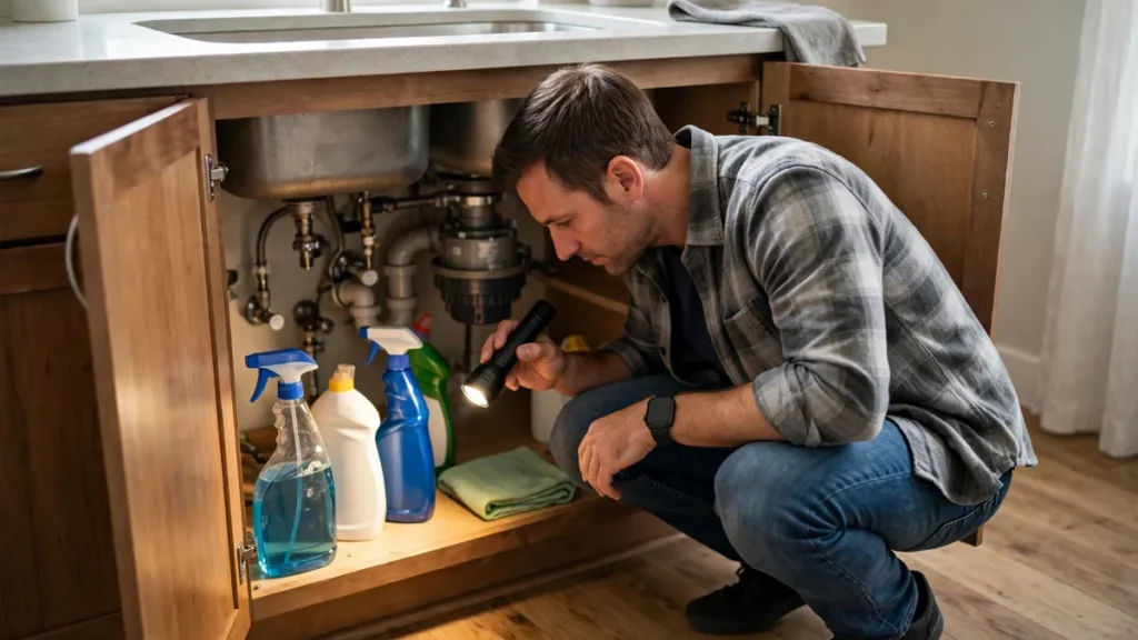 Homeowner inspecting under a kitchen sink with a flashlight for signs of cockroaches