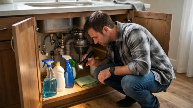 Homeowner inspecting under a kitchen sink with a flashlight for signs of cockroaches