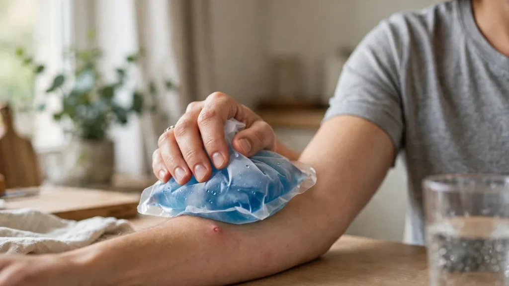 Person holding a cold compress against a mosquito bite on their forearm