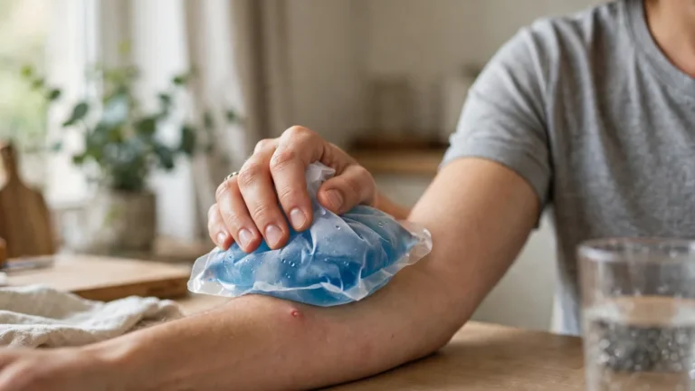 Person holding a cold compress against a mosquito bite on their forearm