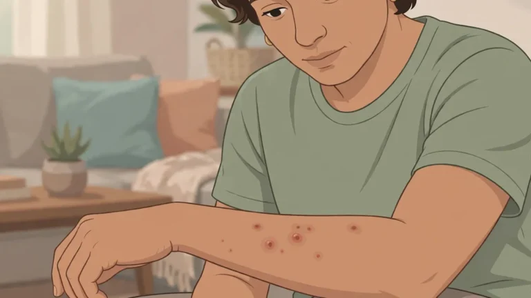 Illustration of a person looking at mosquito bites on their forearm at home