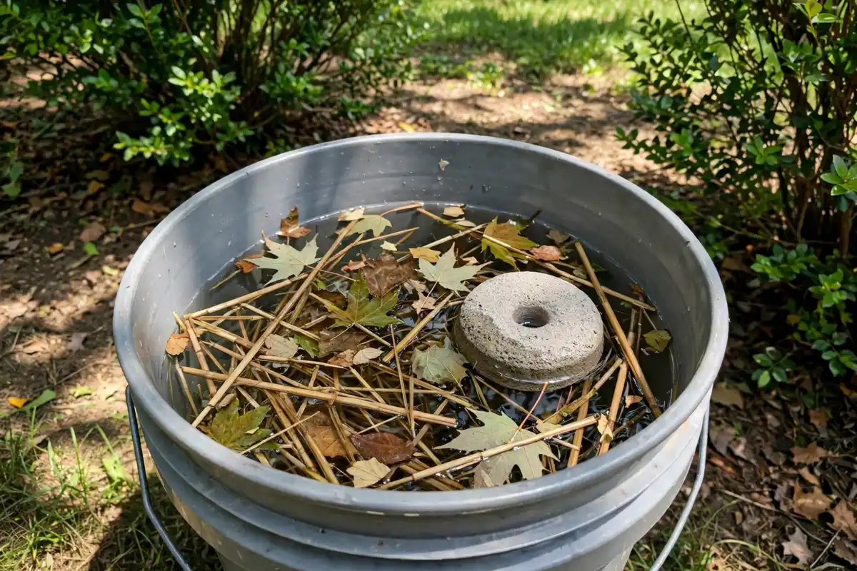 A mosquito bucket of doom with hay infused water and a Bti dunk, placed in shade near shrubs