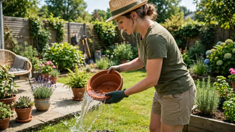 Homeowner tipping standing water out of a plant pot saucer in a backyard to stop mosquito breeding