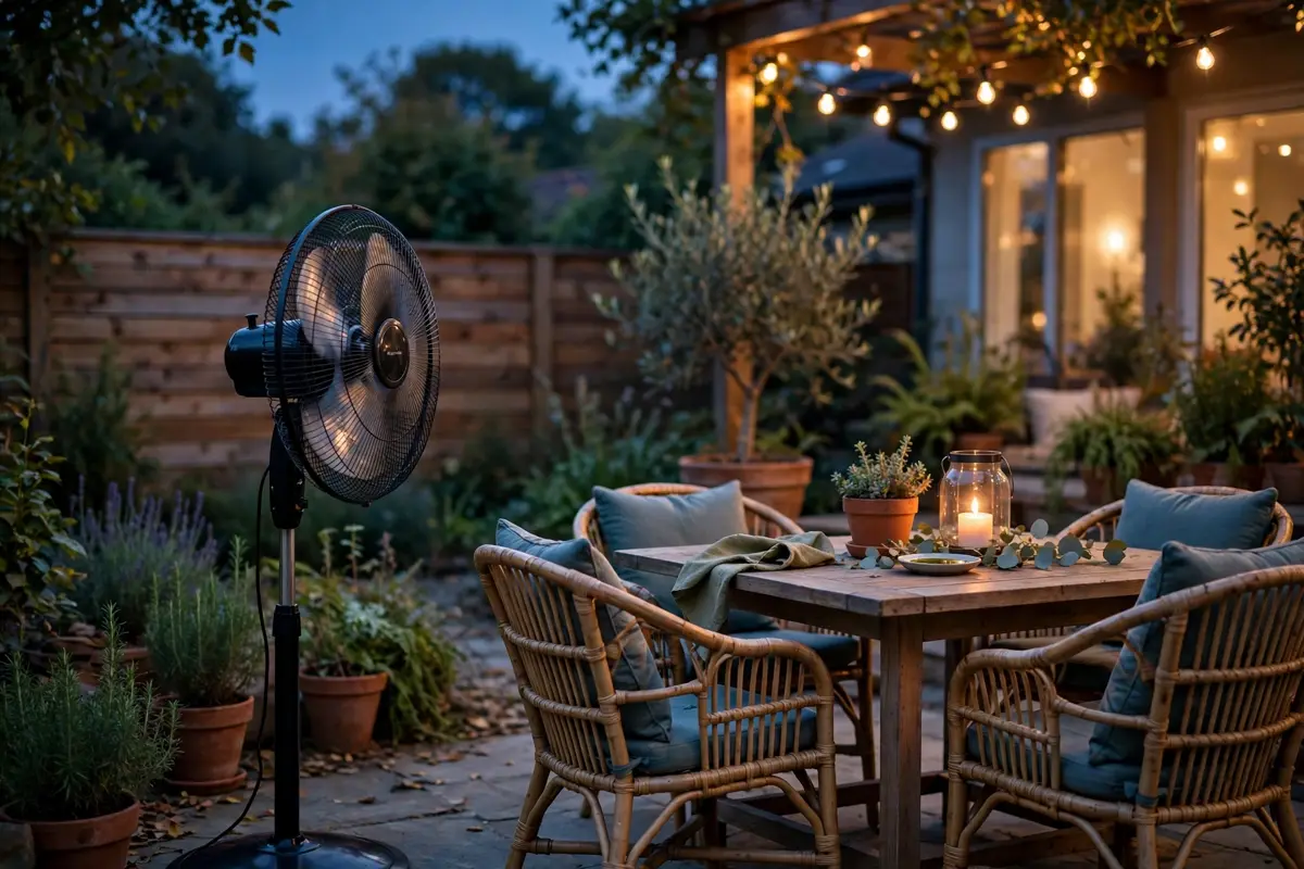 A pedestal fan moving air across patio seating, which keeps weak flying mosquitoes from reaching people