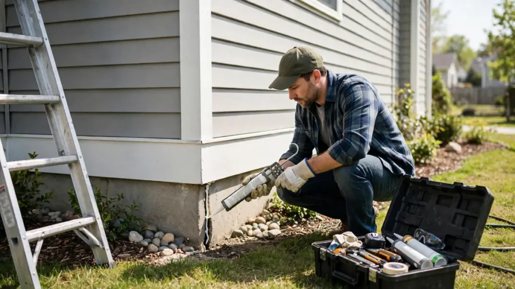 Homeowner sealing a gap at the base of a house wall to keep pests out