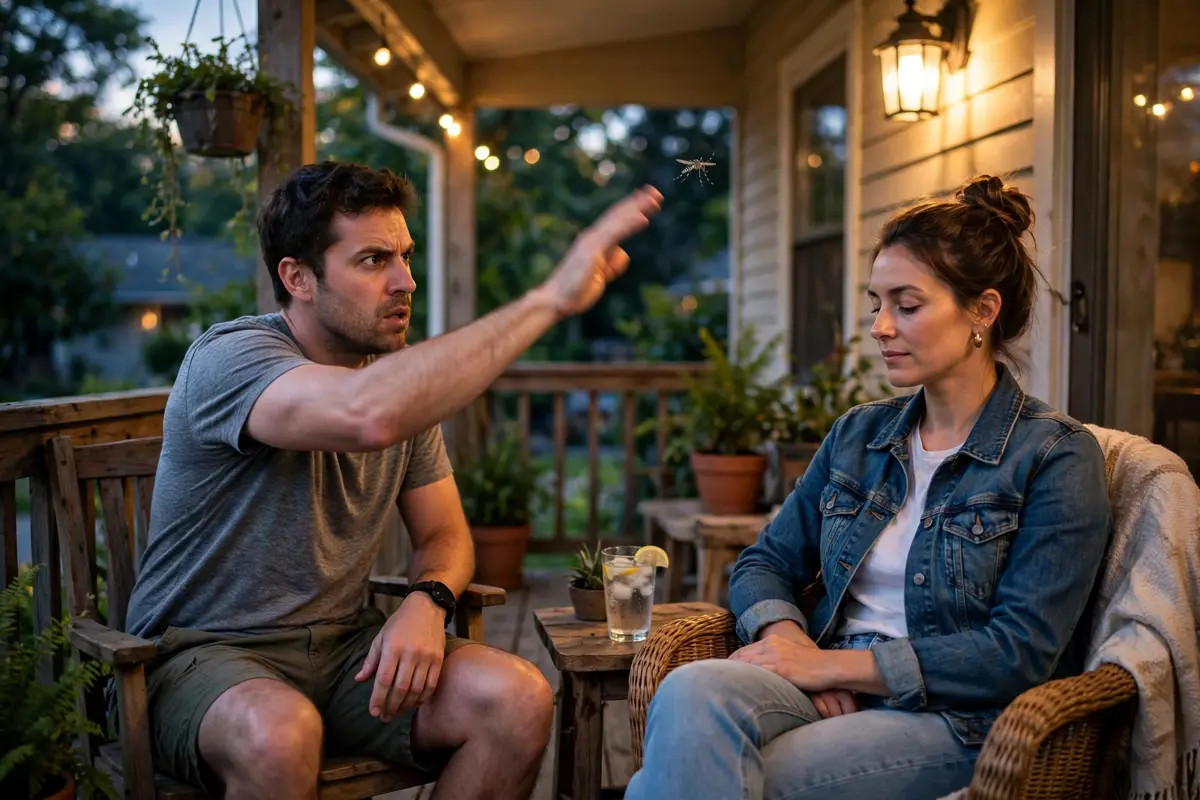 Two people on a porch at dusk, one swatting at mosquitoes while the other sits relaxed