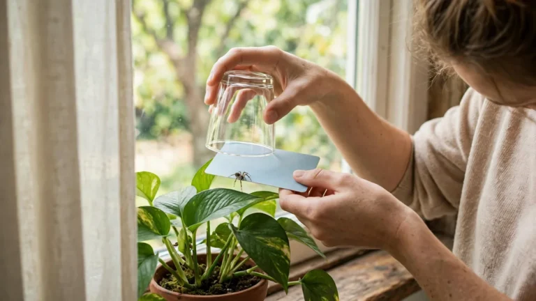 Person releasing a small house spider from a glass and card onto a houseplant