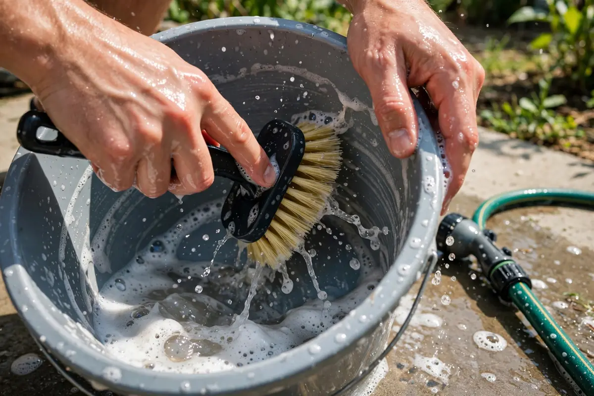 Scrubbing the inside wall of a bucket to remove mosquito eggs stuck to the sides