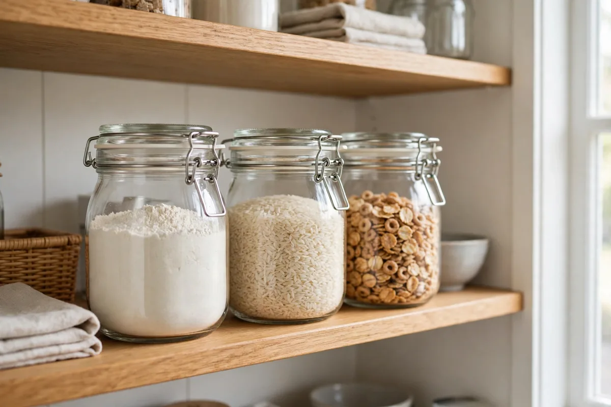 Pantry shelves with flour, rice, and cereal stored in sealed glass containers