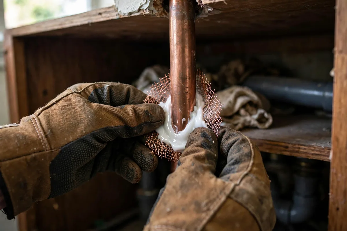 Sealing the gap around a pipe where it enters a wall with copper mesh and caulk