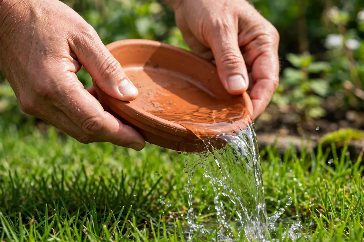 Tipping standing water out of a flowerpot saucer so mosquitoes cannot breed in it