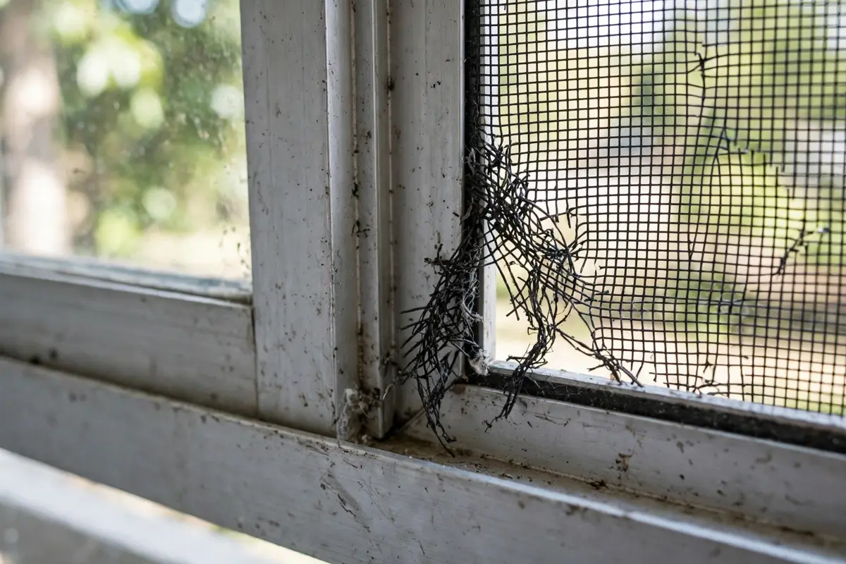 Torn window screen at the corner of the frame, a nightly entry route for mosquitoes